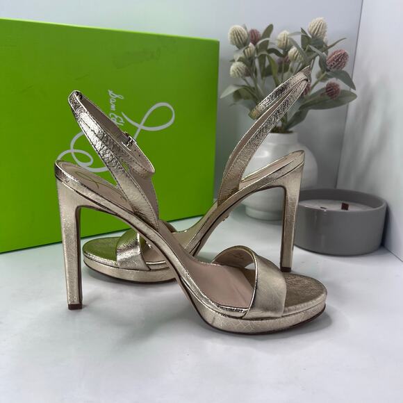 Sam Edelman Jade Leather Heels Gold Ankle Strap I0175L2701 Women 9.5M Tried On - Picture 7 of 11